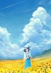  binsuke bird blue_dress blue_eyes blue_hair blue_sky camera closed_mouth cloud cloudy_sky commentary_request condensation_trail day dress field flower flower_field hat head_tilt holding holding_camera long_dress looking_at_viewer medium_hair original outdoors scenery shirt sky smile solo standing sun_hat sunflower valley white_shirt 