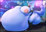absurd_res after_vore anthro asaneman belly big_belly big_breasts blue_eyes breasts cybernetic_arm cybernetic_limb ear_piercing eyewear eyewear_on_head female female_pred fur goggles goggles_on_head hi_res lombax mammal nipples piercing ratchet_and_clank ring_piercing rivet_(ratchet_and_clank) solo sony_corporation sony_interactive_entertainment sound_effects stripes tail text vore