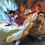  3boys black_hair borsalino_(kizaru) cryokinesis devil_fruit_power doodlz1p double_w duel facial_hair fire full_body highres kuzan_(aokiji) lava long_sideburns male_focus mature_male multiple_boys one_piece pants parody_request photo-referenced pyrokinesis sakazuki_(akainu) short_hair sideburns squatting stubble sunglasses w wrinkled_skin 