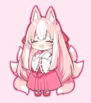  1girl animal_ear_fluff animal_ears blush chibi closed_eyes fang fox_ears fox_girl fox_tail hakama japanese_clothes kamiyoshi_rika long_hair miko multicolored_hair multiple_tails okitsune-sama_(kamiyoshi_rika) open_mouth original own_hands_together pink_background pink_hair pink_hakama ribbon-trimmed_sleeves ribbon_trim sandals simple_background smile solo tail two-tone_hair wide_sleeves zouri 
