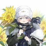  1boy :d avgust_(reverse:1999) blazer blue_jacket child coat flower fur-trimmed_coat fur_hat fur_trim grey_coat grey_eyes grey_hair grey_scarf hands_up hat holding holding_flower jacket jewelry looking_at_viewer male_focus mumu_de_maomao pendant reverse:1999 scarf short_hair smile solo sunflower teeth upper_body upper_teeth_only ushanka weibo_logo weibo_watermark white_background white_hat 