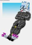 absurd_res after_transformation ball_gag bandai_namco bdsm bondage bound chastity_(disambiguation) chastity_bulge chastity_device digimon digimon_(species) digimon_adventure encasement gag gagged garurumon goo_(disambiguation) hi_res latex restraints straitjacket transformation xedryk