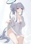  1girl absurdres blue_archive breasts chinoryuu cleavage collarbone halo highres long_hair mechanical_halo nightgown noa_(blue_archive) ponytail purple_eyes silhouette simple_background sleepwear solo white_background white_halo 