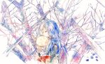  1girl absurdres black_shirt blue_hair branch closed_eyes from_side highres hugging_object kazuka long_hair original painting_(medium) shirt solo traditional_media tree upper_body watercolor_(medium) 