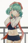  1girl absurdres alternate_costume cowboy_shot crop_top frilled_ribbon frills green_eyes green_hair highres kagiyama_hina long_ribbon long_sleeves longwatry midriff navel puffy_long_sleeves puffy_sleeves red_ribbon ribbon solo touhou twitter_username white_background 