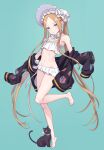  1girl :d abigail_williams_(fate) abigail_williams_(swimsuit_foreigner)_(fate) abigail_williams_(swimsuit_foreigner)_(third_ascension)_(fate) bare_shoulders barefoot bikini blonde_hair blue_background blue_eyes bow cat fate/grand_order fate_(series) flat_chest forehead frilled_bikini frills full_body groin hat hat_bow highres long_hair multiple_hat_bows navel pout roku_(saba_kan) simple_background smile solo standing standing_on_one_leg strapless strapless_bikini striped_bow swimsuit twintails very_long_hair white_bikini white_bow white_hat 