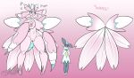 2020 antennae_(anatomy) areola arthropod artist_name averting_eyes belly bink_(latiar) blue_sclera blush blush_lines breasts carbink clothed clothing crystal digital_media_(artwork) dress duo female female_symbol gender_symbol generation_6_pokemon generation_7_pokemon heart_(marking) heart_symbol hi_res insect larger_female latiar looking_aside looking_at_another looking_down lurantis male male/female_symbol male_symbol mantis markings model_sheet navel neck_tuft nintendo nipples nude open_mouth pale_petal_(latiar) pink_body pink_text pokemon pokemon_(species) pupils red_sclera sexuality_symbol size_difference smaller_male standing symbol text thick_thighs tuft white_pupils wide_hips wings