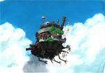  airship anchoku_0621 blue_sky calligraphy_brush_(medium) chimney claws clothesline cloud commentary fantasy flying fortress highres house howl_no_ugoku_shiro jpeg_artifacts laundry laundry_pole no_humans scenery sky tower traditional_media 