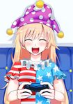  american_flag_shirt bangs blonde_hair clownpiece cobalt commentary_request controller dualshock eyebrows_visible_through_hair game_console game_controller gamepad happy hat highres jester_cap long_hair neck_ruff open_mouth playstation_4 polka_dot shirt short_sleeves smile solo sony star star_print striped touhou upper_body 
