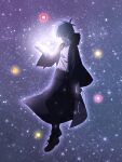  1boy black_robe blue_hair collared_shirt floating full_body highres kulbeart_m lance_crown light mashle necktie red_necktie robe saturn_(planet) shirt shoes short_hair solo space star_(sky) white_shirt 