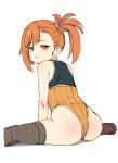  1girl :3 ass blush_stickers closed_mouth fishnet_thighhighs fishnets kachobi_(user_atuh5854) leotard looking_at_viewer looking_back misogi_(princess_connect!) orange_eyes orange_hair orange_leotard princess_connect! side_ponytail simple_background sitting sleeveless smile solo thighhighs thighs white_background 
