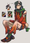  1boy aged_up alternate_costume bare_shoulders black_eyes chibi earrings green_hair grey_background higashikata_tsurugi highres jewelry jojo_no_kimyou_na_bouken jojolion male_focus origami paper_crane paper_moon_king scarf short_ponytail sitting solo swampland tattoo 