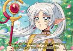  1990s_(style) 1girl artist_name blue_sky cloud commentary earrings elf english_commentary english_text fake_screenshot frieren green_eyes hanavbara jewelry petals pointy_ears retro_artstyle sky sousou_no_frieren staff subtitled tree twintails upper_body white_hair 
