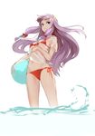  ball beachball bikini blue_bow blue_eyes bow breasts crescent crescent_hair_ornament floating_hair front-tie_top hair_bow hair_ornament homo_1121 large_breasts long_hair micro_bikini patchouli_knowledge purple_hair red_bikini red_bow see-through shirt side-tie_bikini sidelocks simple_background smile solo standing swimsuit tied_shirt touhou underboob wading water white_background white_shirt 