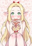  1girl blonde_hair blush braid dungeon_meshi eating elf food hair_around_ear highres long_hair looking_at_viewer marcille_donato multiple_braids nude pointy_ears solo tatsubon 