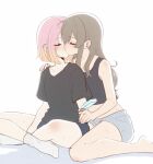  2girls bare_arms barefoot black_shirt black_shorts black_tank_top blush brown_hair closed_eyes d4dj food gradient_hair grey_shorts highres holding holding_food holding_popsicle inuyose_shinobu kiss long_hair multicolored_hair multiple_girls orange_hair pink_hair popsicle royyy999 shirt short_hair short_sleeves shorts simple_background sitting sweat tank_top white_background white_shirt yamate_kyouko yuri 