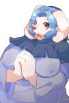 alternate_species anthro big_breasts blue_hair breasts brown_eyes canid canine canis cape clothing covered_nipples domestic_dog female flour_(cookie) fur furrification hair hi_res ichirin_kumoi mammal purple_clothing slightly_chubby solo tennensui white_body white_fur