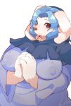  alternate_species anthro big_breasts blue_hair breasts brown_eyes canid canine canis cape clothing covered_nipples domestic_dog female flour_(cookie) fur furrification hair hi_res ichirin_kumoi mammal purple_clothing slightly_chubby solo tennensui white_body white_fur 