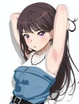  1girl armpit_focus armpits arms_up artist_name bang_dream! bang_dream!_it&#039;s_mygo!!!!! belt blue_dress blush brown_hair chain_necklace commentary dress earrings english_commentary izami_md jewelry long_hair mole mole_under_eye necklace parted_lips purple_eyes see-through see-through_sleeves shiina_taki shirt simple_background solo upper_body white_background white_shirt 