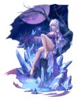  1girl absurdres bare_legs bare_shoulders bare_tree barefoot blue_hair bug butterfly commentary_request cup detached_sleeves dress highres holding holding_cup honkai:_star_rail honkai_(series) jingliu_(honkai:_star_rail) knee_up long_hair looking_at_viewer night night_sky outdoors pouring purple_dress red_eyes sitting sky sleeveless sleeveless_dress solo thighs tree very_long_hair yelan_xing_xuan 