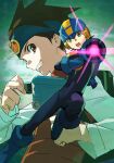  2boys absurdres aiming aiming_at_viewer arm_cannon blue_bodysuit blue_footwear blue_headband blue_helmet bodysuit boots brothers brown_eyes brown_hair bum_hico covered_navel emblem glowing green_eyes headband highres holding lan_hikari_(mega_man) male_focus mega_buster mega_man_(series) mega_man_battle_network_(series) megaman.exe multiple_boys orange_vest powering_up shirt siblings spiked_hair vest weapon white_shirt 