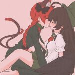  2girls ahoge animal_ears black_bow black_hair bow braid cat_ears cat_girl cat_tail closed_eyes commentary dress english_commentary green_bow green_dress hair_bow highres kaenbyou_rin kiss kokowoch long_hair long_sleeves multiple_girls multiple_tails red_eyes red_hair reiuji_utsuho side_braids simple_background tail third_eye touhou twin_braids two_tails yuri 