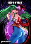  2girls arial_(font) ass bat_wings breasts cave closed_eyes demon_girl english_text green_hair head_wings highres hug kiss leotard lilith_aensland long_hair morrigan_aensland multiple_girls saverpengu short_hair twitter_username vampire_(game) wings yuri 