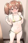  1girl alternate_costume bikini blurry blurry_background blush brown_eyes brown_hair flat_chest full-face_blush furaggu_(frag_0416) gold_bikini highres kantai_collection long_hair looking_at_viewer micro_bikini navel ryuujou_(kancolle) side-tie_bikini_bottom solo standing swimsuit twintails 