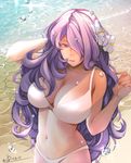  arm_up artist_name bangs beach bikini breasts camilla_(fire_emblem_if) cleavage commentary_request dated day fire_emblem fire_emblem_if flower hair_flower hair_ornament hair_over_one_eye hand_in_hair hand_up hibiscus kero_sweet large_breasts lips long_hair looking_at_viewer navel ocean outdoors parted_lips purple_hair signature smile solo sparkle swimsuit upper_body very_long_hair water_drop wavy_hair white_bikini white_flower 