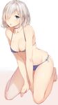  :o bare_shoulders between_legs bikini blue_bikini blue_eyes breasts choker cleavage collarbone glint groin hair_ornament hair_over_one_eye hairclip hamakaze_(kantai_collection) highres kantai_collection kneeling looking_at_viewer medium_breasts nail_polish navel open_mouth revision rikoma shiny shiny_skin short_hair side-tie_bikini silver_hair simple_background solo swimsuit 