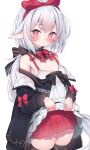  1girl black_coat black_thighhighs blush bow breasts camisole cleavage clothes_lift coat cowboy_shot eip_(pepai) grey_hair hair_bow hairband highres lifted_by_self long_hair long_sleeves looking_at_viewer low_ponytail off_shoulder original pointy_ears red_bow red_eyes red_skirt sidelocks simple_background skirt small_breasts solo thighhighs white_background white_camisole 