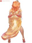  1girl absurdres alva_(artofalva) artist_name ass ass_focus backboob bare_shoulders breasts crown cutesexyrobutts_(style) dress earrings from_behind high_heels highres jewelry legs mario_(series) orange_hair patreon_username princess_daisy pussy see-through see-through_dress see-through_silhouette simple_background solo thigh_gap thighs watermark white_background 
