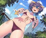  bikini blush cross cross_facial_mark facial_mark forward_facing_horns hiiragi_utena horns kagato007 looking_at_viewer magia_baiser mahou_shoujo_ni_akogarete navel short_hair smile solo swimsuit yellow_eyes yellow_horns 