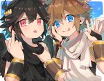  2boys :&gt; armlet black_gloves black_hair black_scarf black_shirt blue_eyes blue_sky brown_hair closed_mouth cloud cloudy_sky commentary_request dark_pit day feathered_wings fingerless_gloves gloves hair_ornament hand_on_another&#039;s_cheek hand_on_another&#039;s_chest hand_on_another&#039;s_face kid_icarus kid_icarus_uprising light_blush looking_at_viewer male_focus middle_finger multiple_boys osippo outdoors pit_(kid_icarus) red_eyes scarf shirt short_hair short_sleeves sky spiked_hair star_(symbol) tongue tongue_out white_scarf wings 