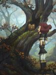  1girl absurdres animal boots disembodied_head dullahan enne_(porforever) fantasy fingerless_gloves forest gloves highres holding_own_head nature original porforever red_eyes red_hair short_twintails sleeveless tree twintails 