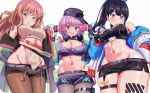  3girls bare_shoulders belly belt black_gloves black_hair black_skirt blue_eyes blue_jacket blush breasts brown_hair chain cleavage cleavage_cutout closed_mouth clothing_cutout cowboy_shot crop_top cropped_jacket gloves green_eyes gridman_universe gridman_universe_(film) groin hair_between_eyes hair_ribbon half_gloves halterneck hands_in_pockets hat headphones headphones_around_neck jacket large_breasts leg_tattoo long_hair long_sleeves looking_at_viewer lowleg lowleg_shorts medium_breasts microskirt midriff minami_yume multicolored_clothes multicolored_jacket multiple_girls navel nootomo off_shoulder official_alternate_costume official_alternate_hairstyle open_clothes open_jacket open_mouth pantyhose pink_gloves pocket ponytail pouch purple_belt purple_hair purple_hat purple_jacket purple_shirt purple_shorts red_eyes ribbon salute shinjou_akane shiny_skin shirt shoes short_hair short_shorts shorts sidelocks simple_background skindentation skirt sleeveless sleeveless_shirt smile sneakers socks ssss.dynazenon ssss.gridman standing takarada_rikka tattoo thick_thighs thigh_pouch thigh_strap thighhighs thighs vulcan_salute white_background white_footwear white_jacket wide_hips 