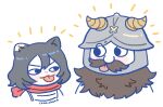  1boy 1girl :p beard black_hair blush brown_hair cat_girl chibi coco_choon cropped_torso dungeon_meshi dwarf eye_contact facial_hair fake_horns happy_aura helmet highres horned_helmet horns izutsumi long_beard looking_at_another senshi_(dungeon_meshi) thick_mustache tongue tongue_out very_long_beard 