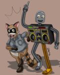 2024 anthro biped brown_body clothing dancing duo grey_body hi_res machine male mammal mariyah47075275 open_mouth procyonid raccoon rascal_(robot_dreams) robot robot_(robot_dreams) robot_dreams shirt simple_background slightly_chubby smile topwear