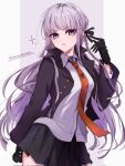  1girl black_gloves black_ribbon braid breasts collared_shirt danganronpa:_trigger_happy_havoc danganronpa_(series) gloves hair_ribbon highres jacket kirigiri_kyoko long_hair long_sleeves looking_at_viewer medium_breasts necktie open_clothes open_jacket orange_necktie parted_lips purple_eyes purple_hair ribbon shirt side_braid single_braid skirt solo tuki_onigiri white_shirt 