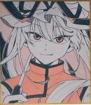  1girl absurdres closed_mouth commentary_request hat highres long_hair looking_at_viewer mob_cap monochrome red_eyes solo touhou unkmochi upper_body yakumo_yukari 