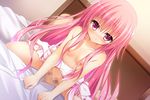 1girl breasts closed_mouth cowgirl_position flower_knight_girl game_cg girl_on_top hanamomo_(flower_knight_girl) hetero huei_nazuki long_hair looking_at_viewer nipples official_art pink_eyes pink_hair sex shiny shiny_skin shirt small_breasts solo_focus straddling vaginal white_shirt 