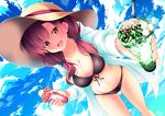  :d a_flow bad_leg bikini black_bikini blue_sky breasts brown_eyes brown_hair cloud day dutch_angle food foreshortening hat large_breasts looking_at_viewer navel open_mouth original sky smile standing sun_hat swimsuit 
