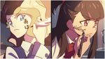  &gt;:( bangs blonde_hair blue_eyes brown_hair closed_mouth commentary cursive diana_cavendish english eyebrows_visible_through_hair frown holding holding_pen kagari_atsuko kimi_no_na_wa little_witch_academia long_sleeves luna_nova_school_uniform milk_puppy multiple_girls parody pen personality_switch pink_hair ponytail red_ribbon ribbon school_uniform translated v-shaped_eyebrows writing 