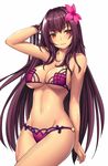  bikini blush bracelet breasts cleavage fate/grand_order fate_(series) flower hair_flower hair_ornament hibiscus highres jewelry large_breasts long_hair looking_at_viewer navel purple_hair red_eyes scathach_(fate)_(all) scathach_(swimsuit_assassin)_(fate) shiny shiny_skin smile solo swimsuit takanashi-a very_long_hair 