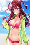 bad_id bad_pixiv_id bangs beach bikini blue_eyes blue_sky blush breasts cleavage closed_mouth cloud cloudy_sky collarbone commentary_request cowboy_shot day eyebrows_visible_through_hair frilled_bikini_bottom frills front-tie_bikini front-tie_top highres hood hoodie ichinose_shiki idolmaster idolmaster_cinderella_girls long_hair looking_at_viewer medium_breasts navel open_clothes open_hoodie outdoors pink_bikini purple_hair satoimo_chika sky smile solo swimsuit two_side_up wavy_hair 