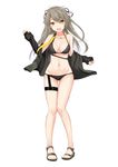  absurdres breasts cleavage collarbone girls_frontline grey_hair groin highres ivan_wang jacket jacket_over_swimsuit long_hair looking_at_viewer medium_breasts navel open_mouth sandals solo swimsuit ump40_(girls_frontline) white_background yellow_eyes 