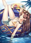  banana blue_innertube breasts brown_hair cleavage cup drinking_glass drinking_straw earrings fate/grand_order fate_(series) food fruit grapes highres innertube ishtar_(fate/grand_order) jewelry large_breasts long_hair long_legs mallizmora navel orange pineapple red_eyes solo two_side_up 