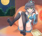  absurdres black_hair black_legwear blush breasts closed_mouth collarbone eyebrows_visible_through_hair feet green_eyes highres indoors kneehighs large_breasts long_hair looking_at_viewer luo_tianyi lying moon night on_back shou_jian_yu smile soles solo thighhighs vocaloid vocanese 