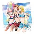  :d alternate_hairstyle ayase_eli ball bangle baseball_cap beachball bibi_(love_live!) bikini_skirt bikini_top black_hair blonde_hair blue_eyes blue_nails bracelet braid clenched_hand commentary_request copyright_name cropped_legs dated earrings eyewear_removed flower grin hair_ornament hairpin hat hat_flower highres holding holding_eyewear jewelry leg_garter leg_tattoo lens_flare lipstick_mark love_live! love_live!_school_idol_project midriff multiple_girls nail_polish navel nishikino_maki one_eye_closed open_mouth ponytail purple_eyes red_eyes red_hair red_nails sarong signature single_braid smile stomach_tattoo straw_hat suan_ringo sunglasses swimsuit tankini tattoo thigh_strap towel towel_around_neck twintails water_drop yazawa_nico 