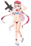  9a-91 9a-91_(girls_frontline) absurdres armpits assault_rifle beret breasts cleavage girls_frontline gun hat highres ivan_wang long_hair looking_at_viewer navel open_mouth rifle salute sandals scarf silver_hair small_breasts solo swimsuit weapon white_background 